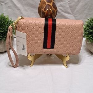 Chic Designer-Inspired Pink Wristlet Wallet with Red and Black Accent NWT